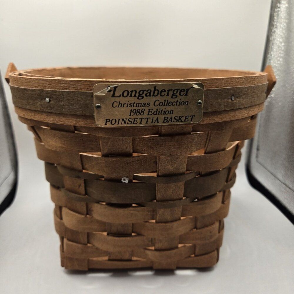 LONGABERGER 1988 Christmas Collection Poinsettia Basket w Handle Green Vintage
